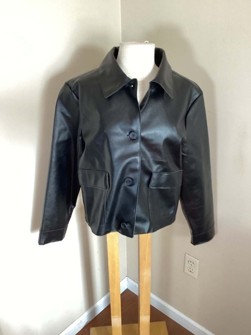 Jason Wu Black Faux Leather Button Front Jacket with Flap Pockets, Size L